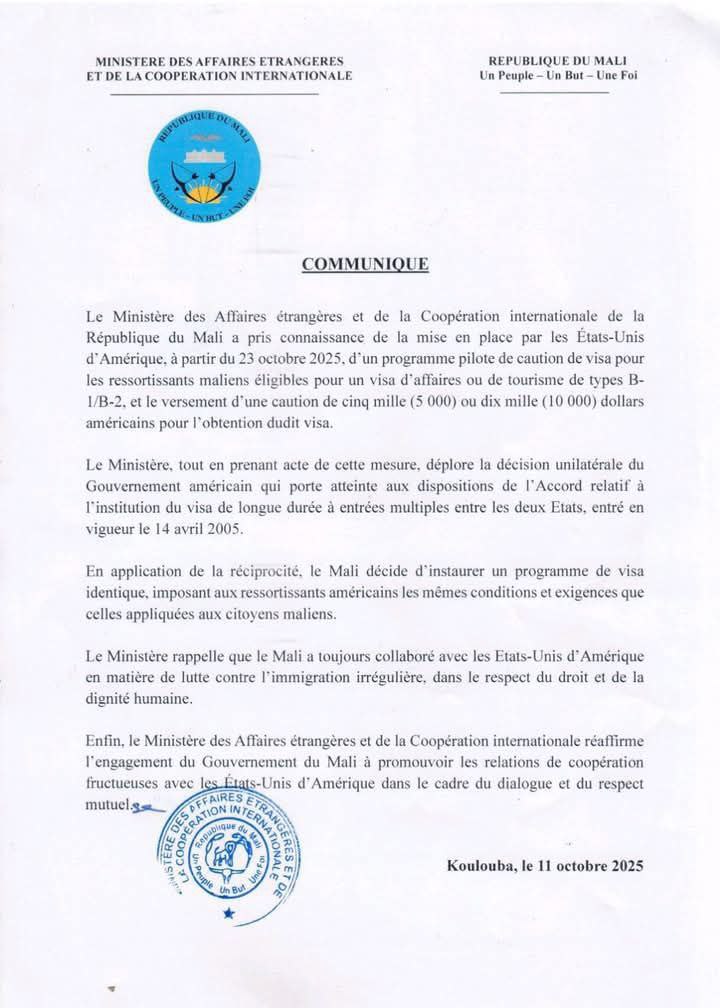 Le Mali riposte à la décision unilatérale des États-Unis